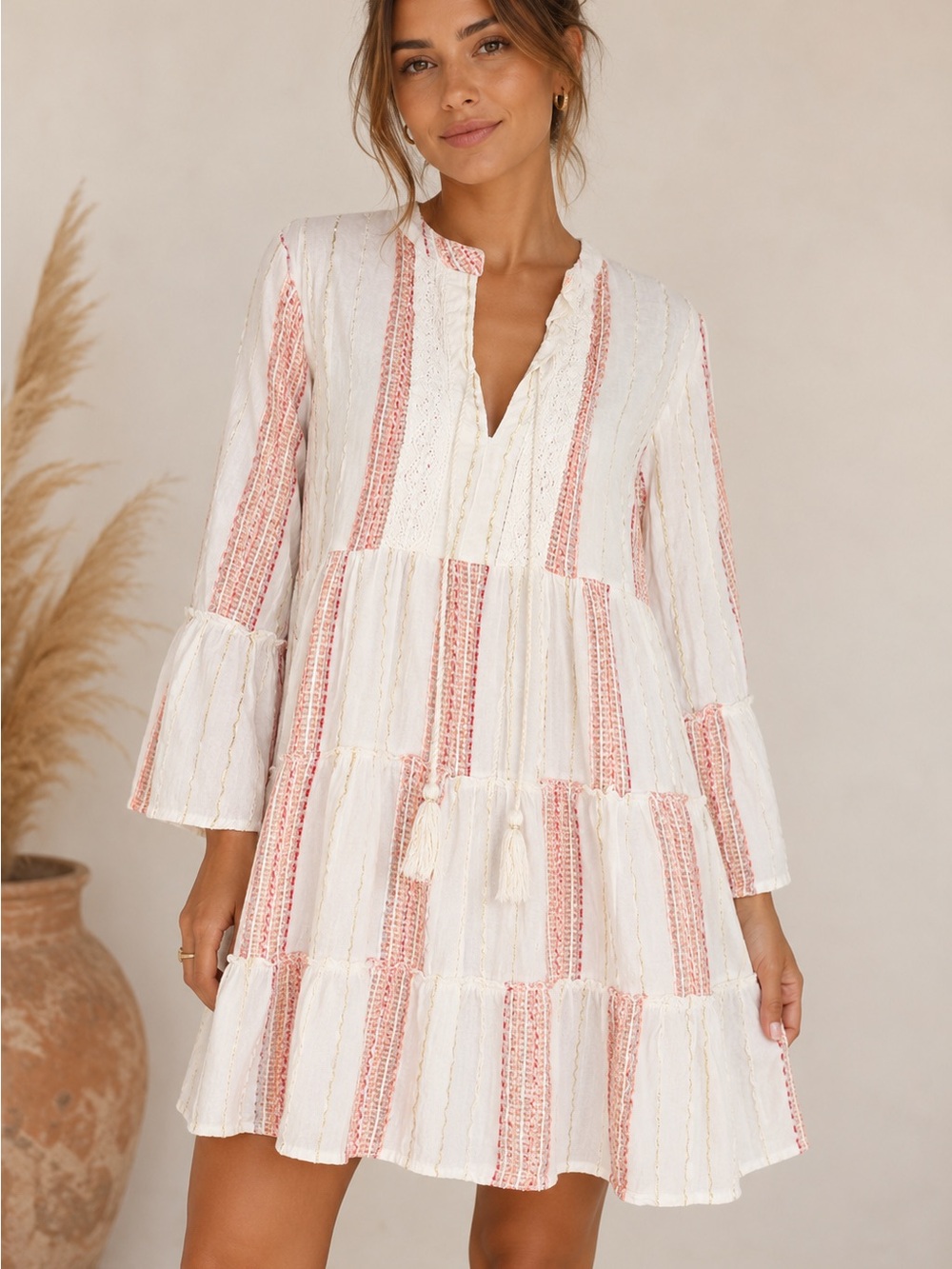 Turks & Caicos Boho Tiered White Coral Stripe Mini Dress size Large